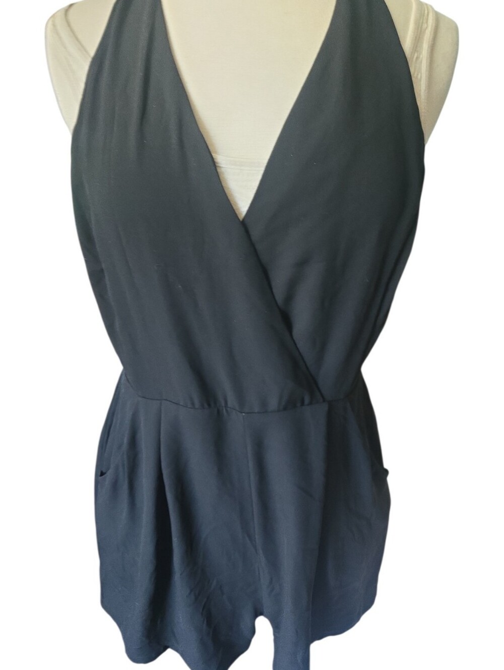 Express Black Halter Faux Wrap Romper -
